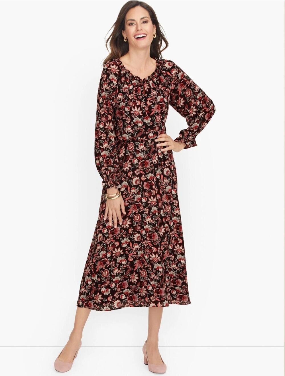 NWT Talbots Autumn Garden Midi Dress Moody Dark Floral Cottagecore Boho Size PXL
